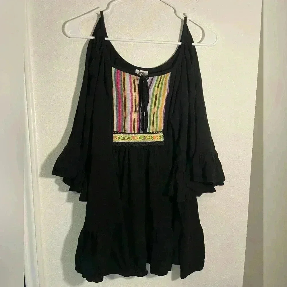 Ivy Jane Black Short Sleeve Open Shoulder Multicolor Striped Canvas Blouse Sz M
